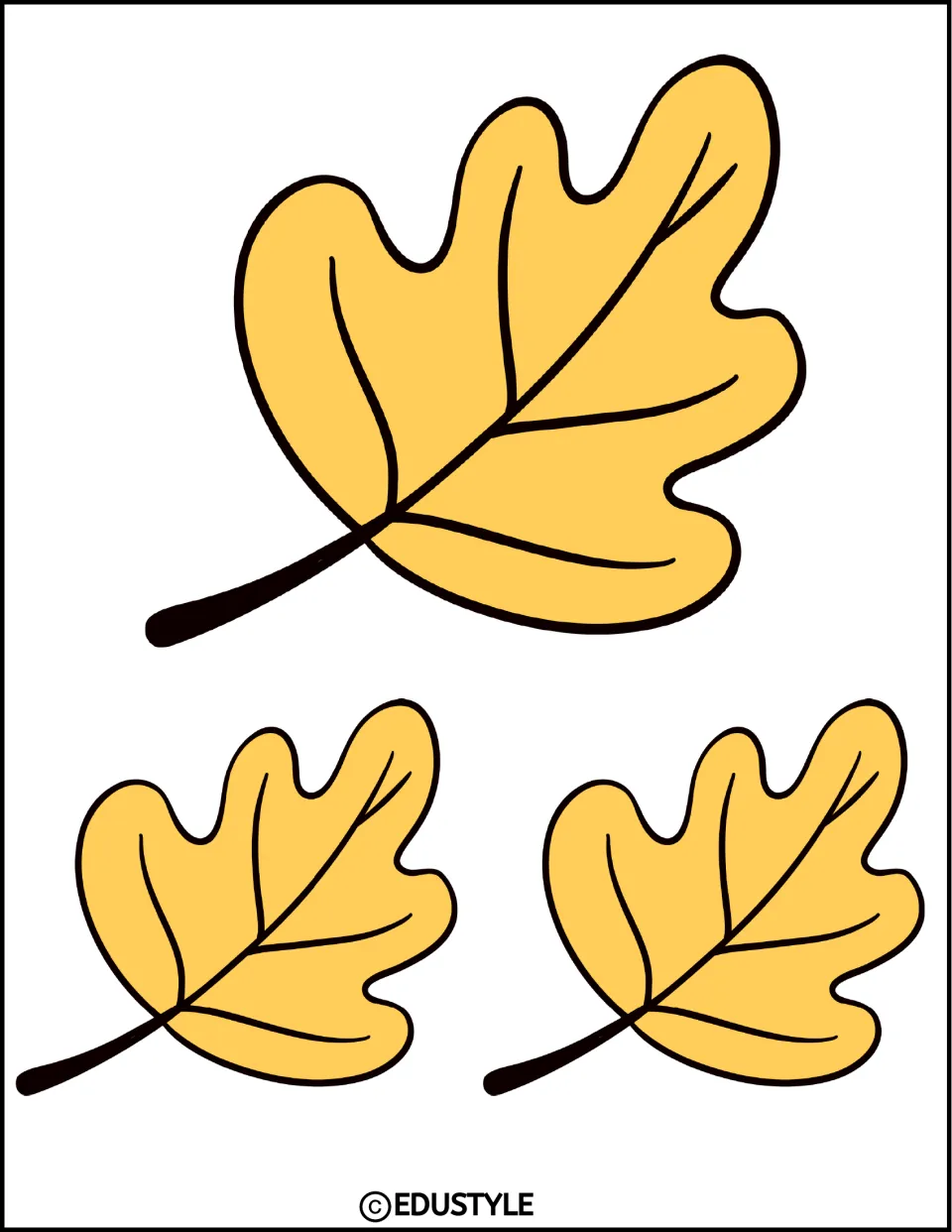 Fall leaf cut-outs: one large and two small yellow oak leaves, stems pointing left, to scatter around the display