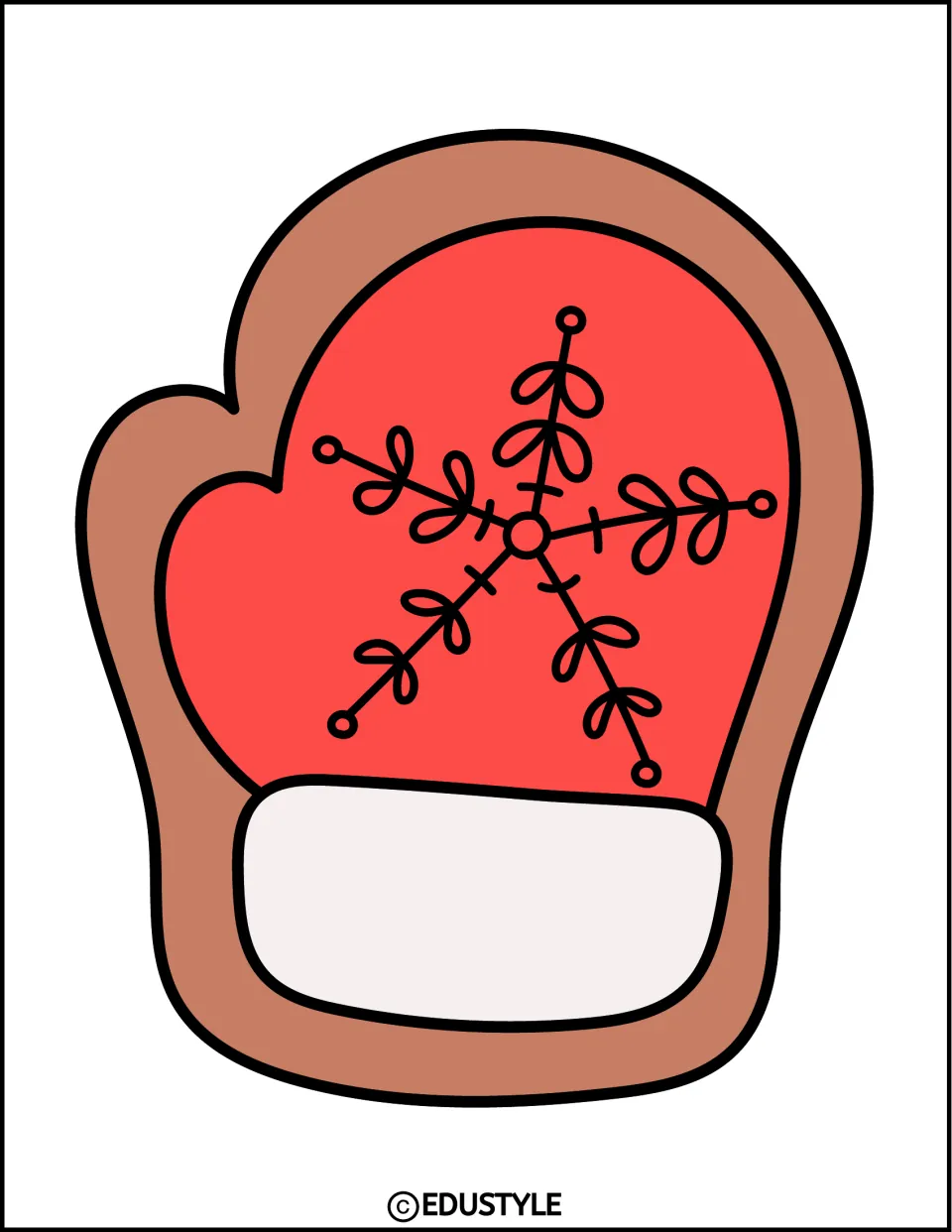 Single red mitten cookie cutout with a black snowflake and thumb on the left for the Christmas display