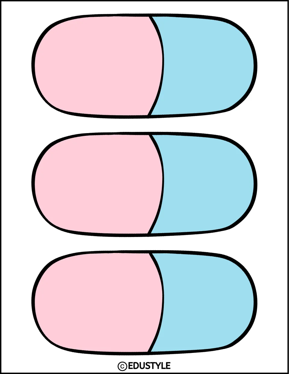 Health office decor cut-outs: three horizontal pink and blue capsules stacked down the page for trimming