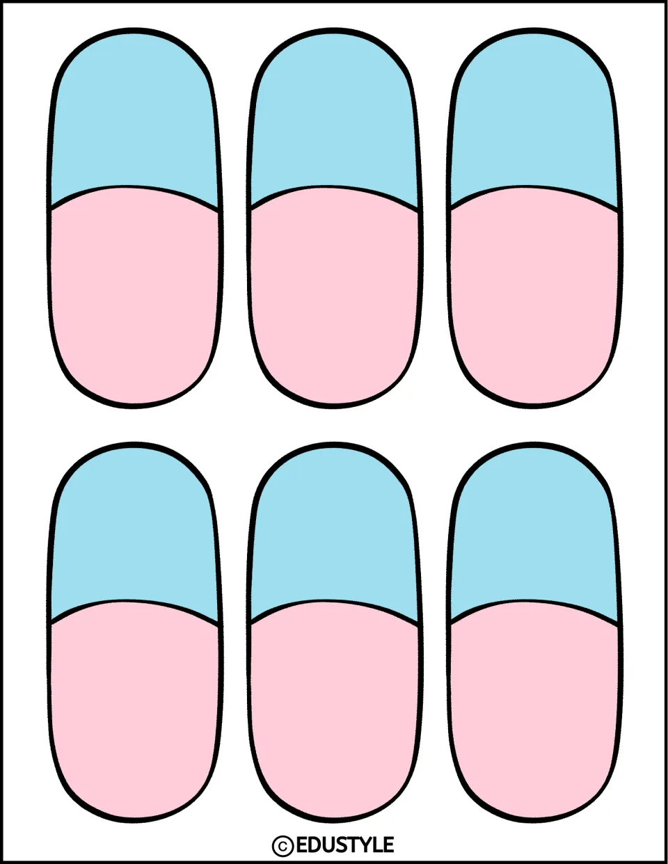 Medicine capsule cut-outs: six small upright blue and pink pills in two rows of three for scattering on the board