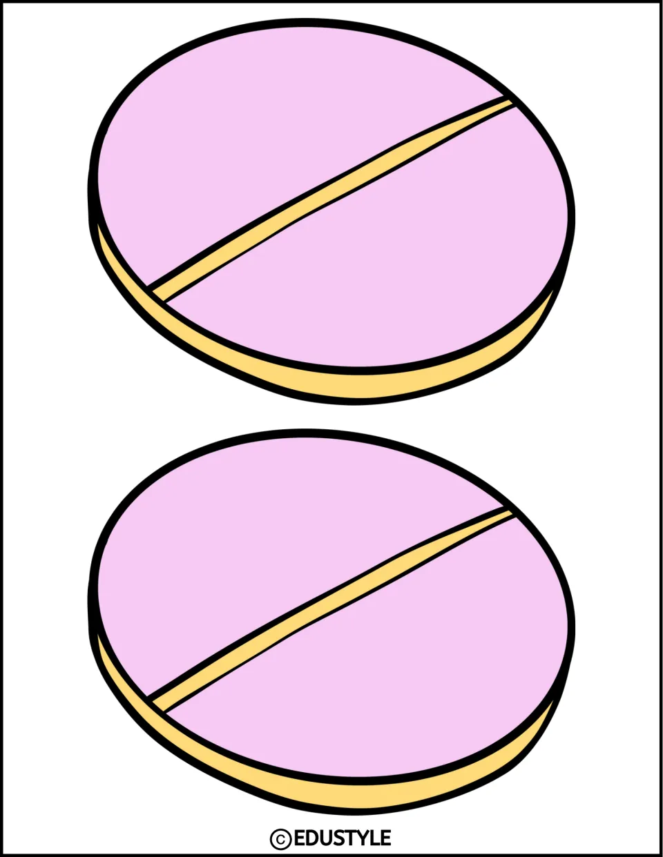 Round tablet cut-outs: two pink pills with yellow score lines and edges, sized to decorate a nurse door or board