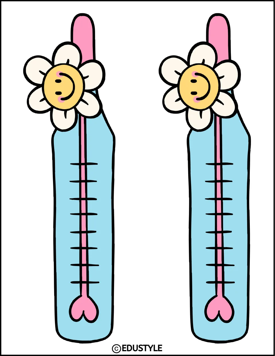 Thermometer cut-outs: two blue thermometers with pink tubes, tick marks and smiling daisy faces at the top