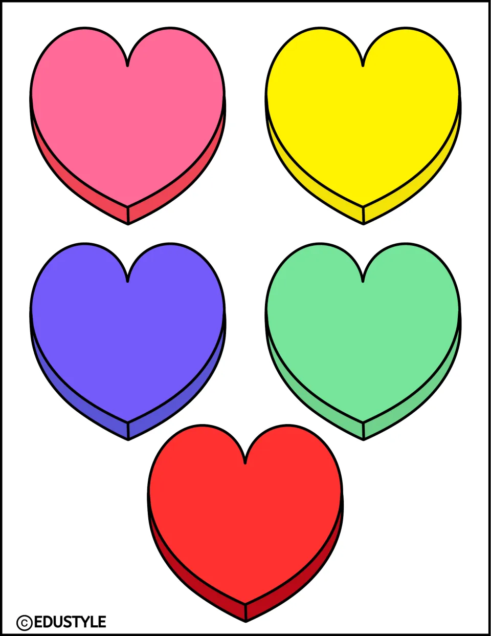 Five heart accents for the Valentine's Day display: pink, yellow, purple, green, and red in the larger size