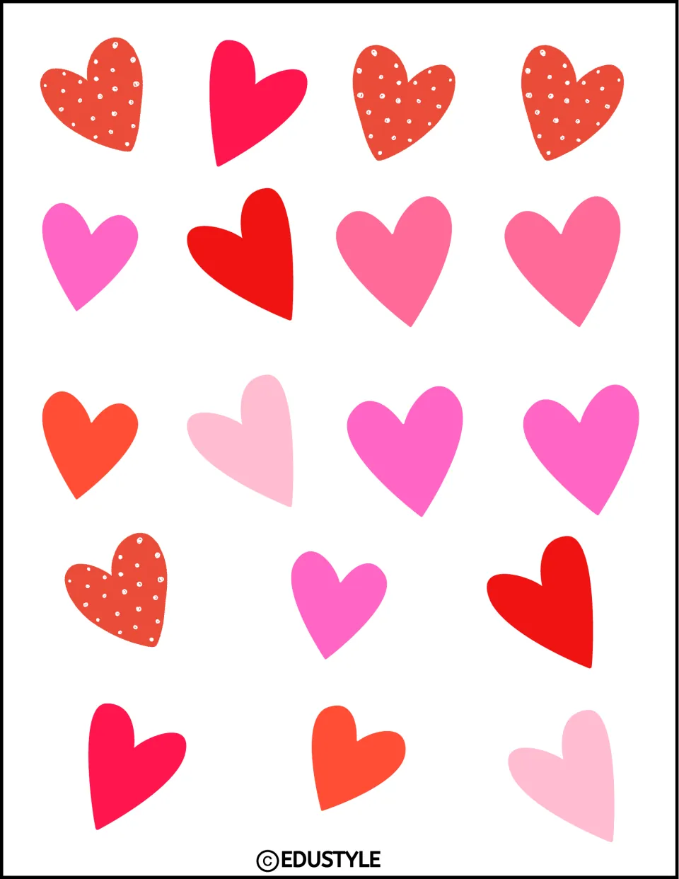 Eighteen small heart accents in red and pink, including four dotted hearts, for Valentine's classroom displays