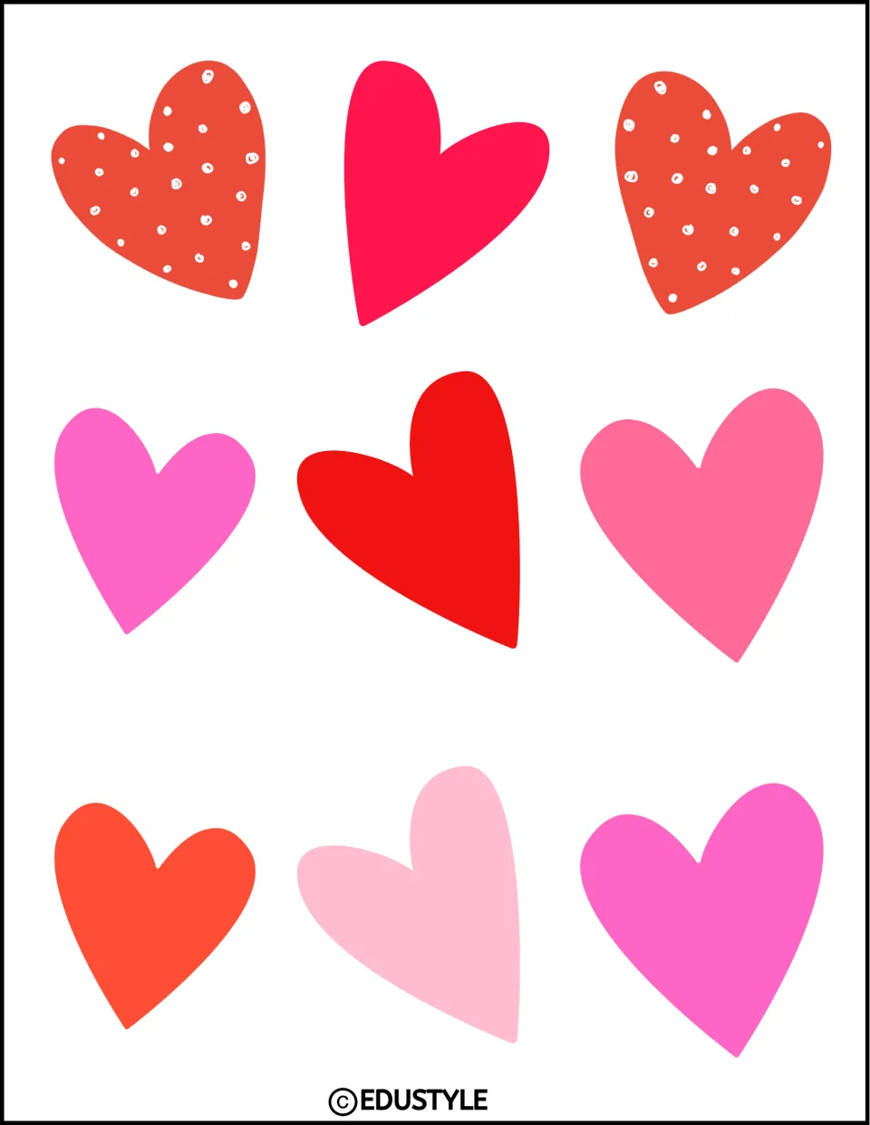 Valentine's Day display accents: nine hearts in red and pink shades, including two with white dots