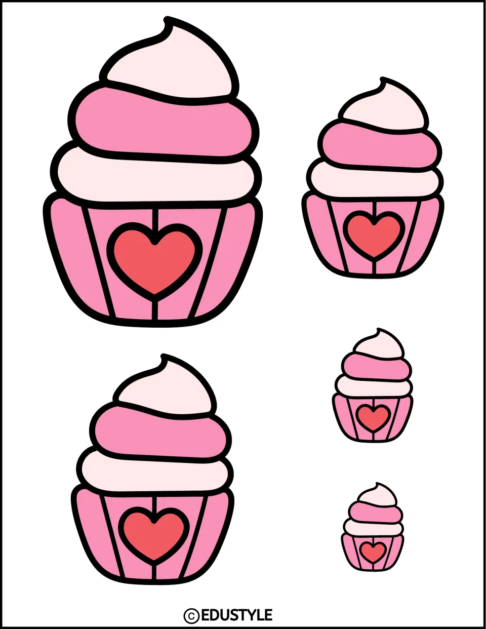 Valentine's Day display accents: five pink cupcakes in different sizes, each with a heart on its wrapper