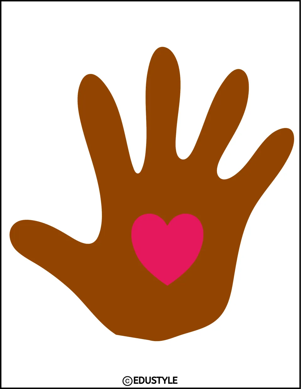 Large brown hand cutout with a pink heart and thumb pointing left, part of the kindness display kit