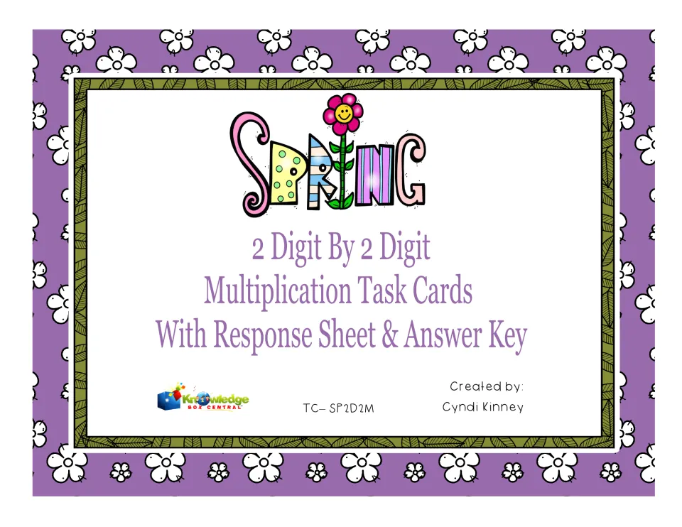 Spring cover: 2 digit by 2 digit multiplication task cards with response sheet and answer key, by Cyndi Kinney