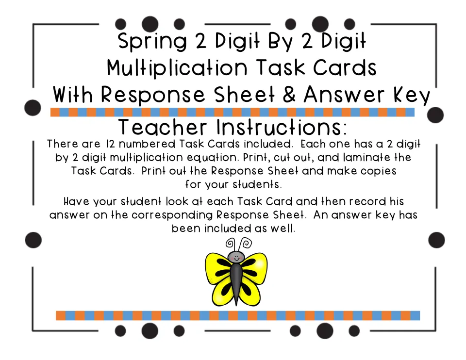 Teacher instructions: print, cut and laminate 12 numbered task cards; students record each product on the response sheet