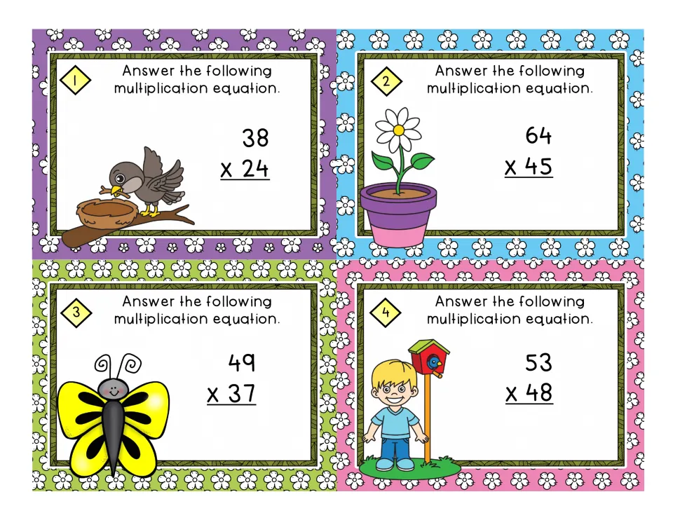 Task cards 1-4: students multiply two-digit numbers, solving 38 x 24, 64 x 45, 49 x 37 and 53 x 48 with spring pictures