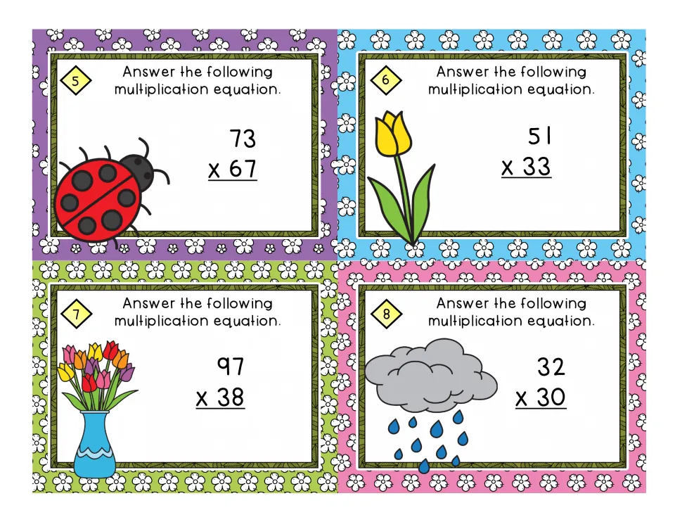 Task cards 5-8: two-digit multiplication problems 73 x 67, 51 x 33, 97 x 38 and 32 x 30 with ladybug, tulip and rain art