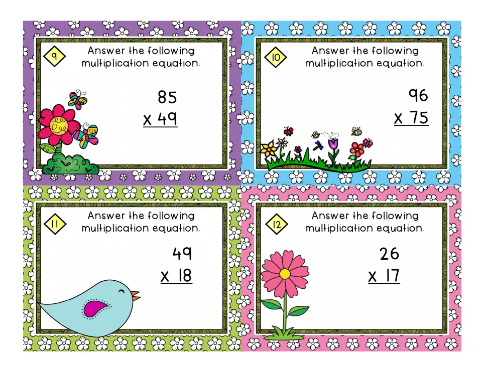 Task cards 9-12: students find the products of 85 x 49, 96 x 75, 49 x 18 and 26 x 17, shown with flower and bird art