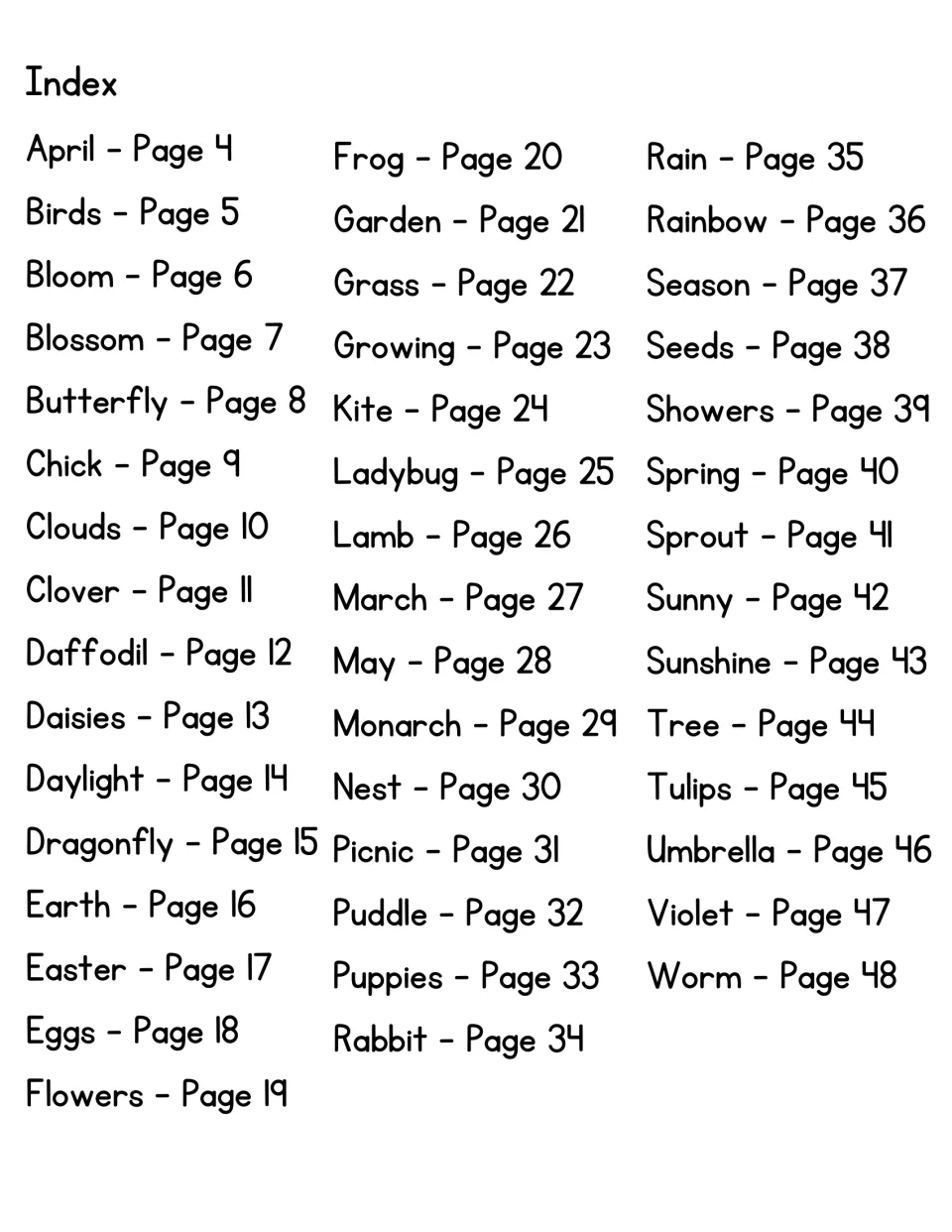 Index of 45 spring acrostic topics from April to Worm, each listed with its page number