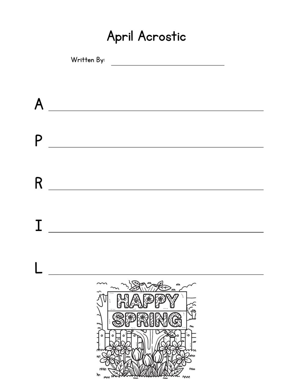 April acrostic poem: students write a line starting with each letter A-P-R-I-L beside a Happy Spring sign drawing