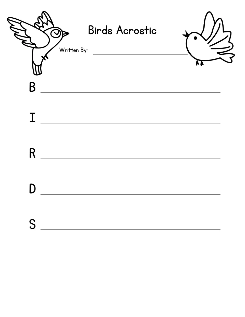 Birds acrostic poem: students choose descriptive words for each letter of B-I-R-D-S, with two bird drawings to colour