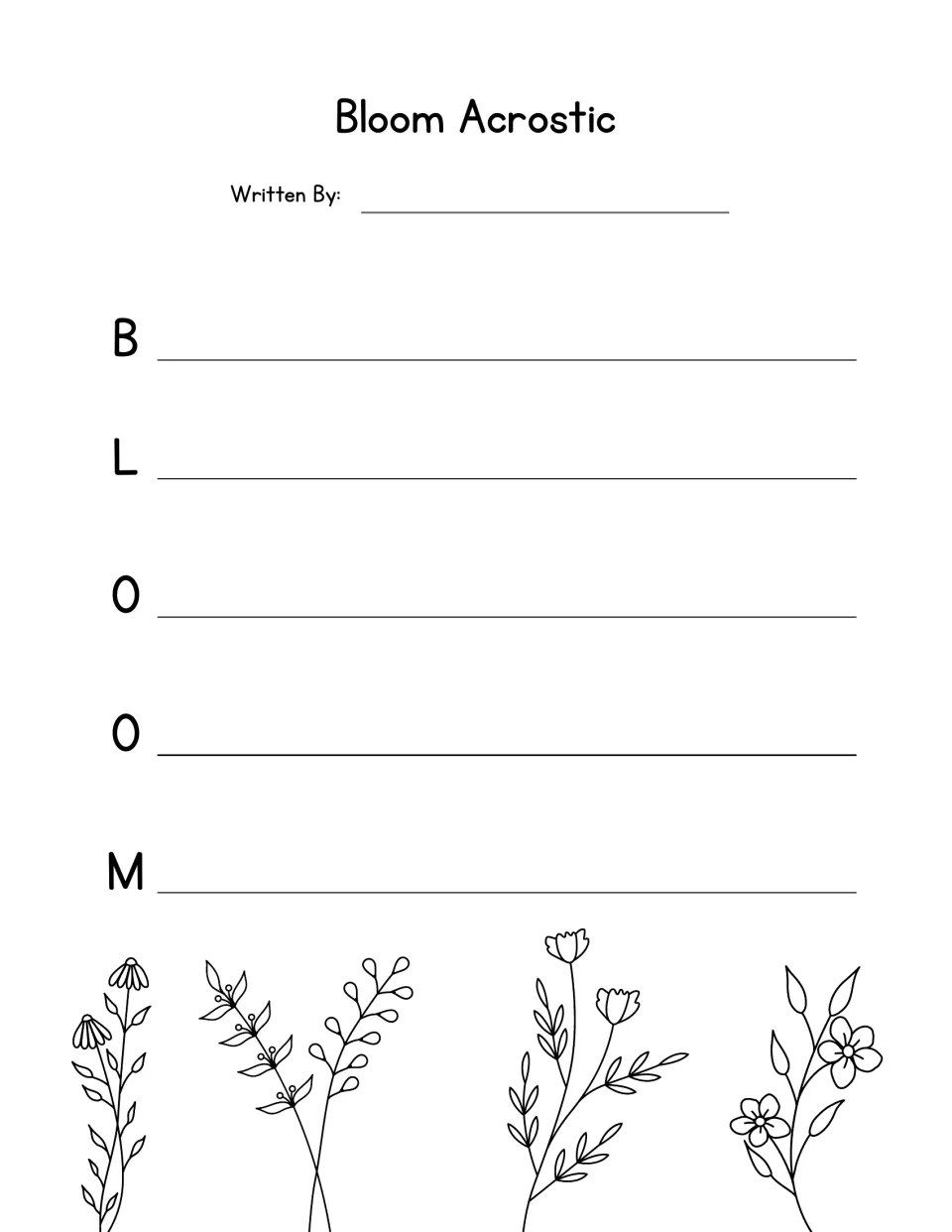 Bloom acrostic: students compose a phrase for each letter B-L-O-O-M above wildflower drawings they can illustrate