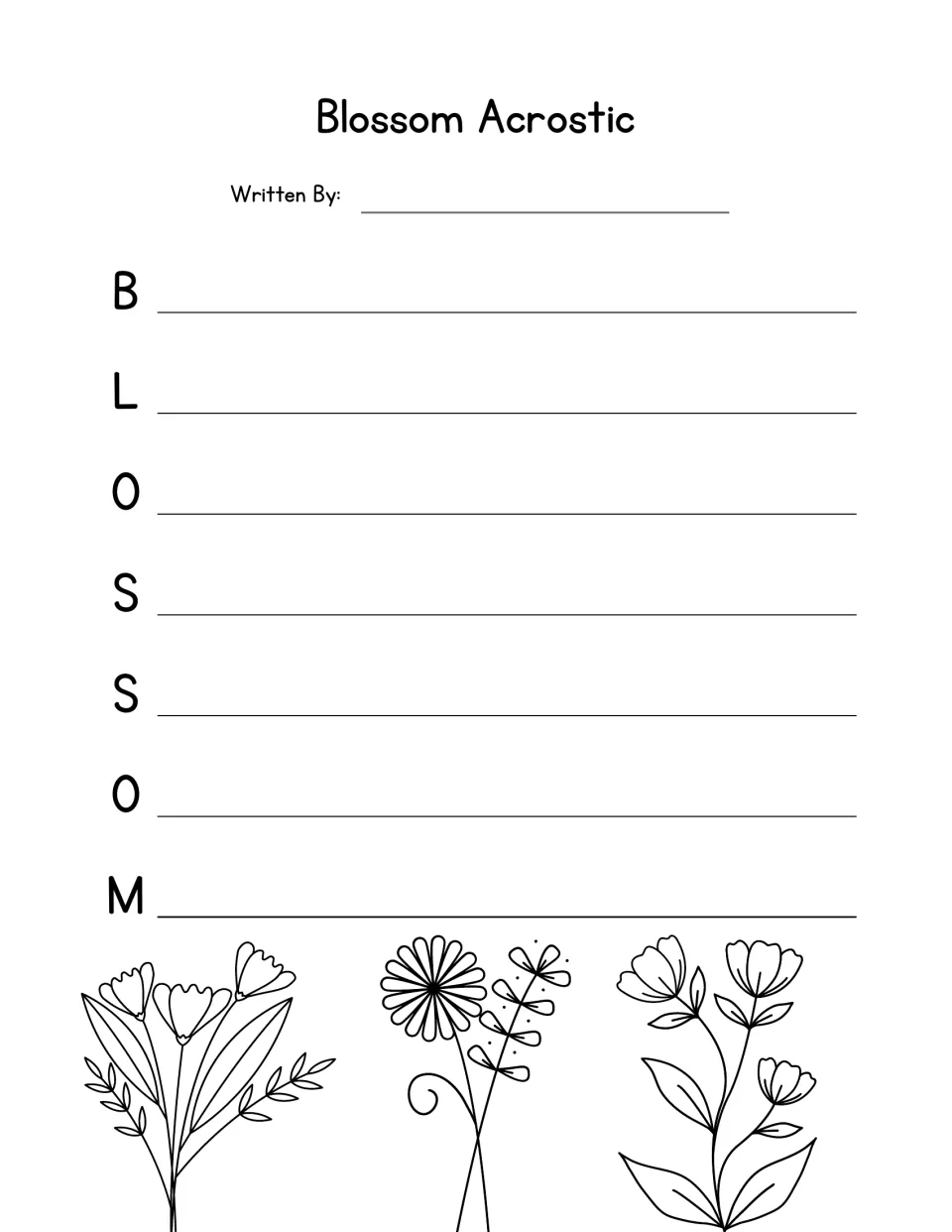 Blossom acrostic poem: seven letters, B-L-O-S-S-O-M, each starting a student-written line, with three flower sketches