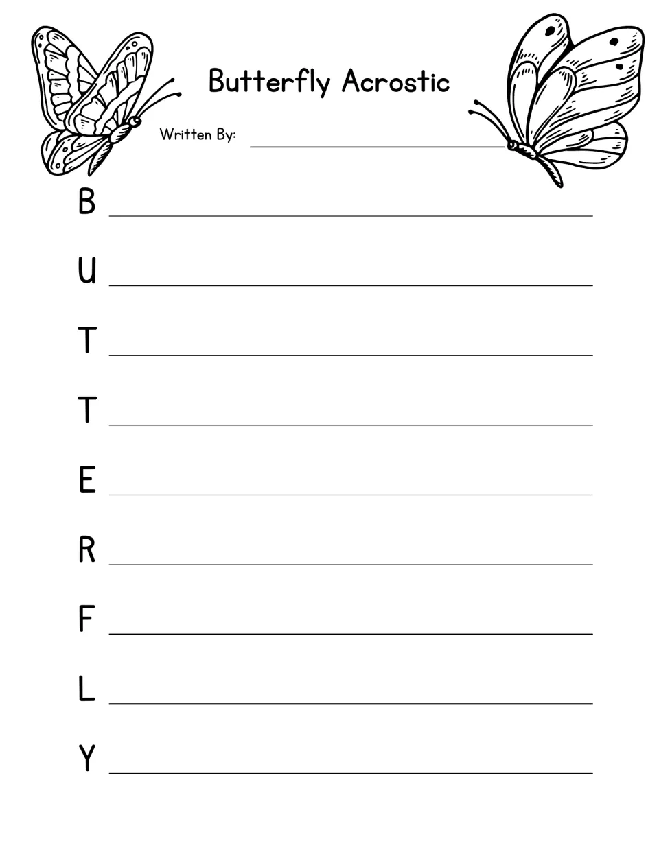 Butterfly acrostic: students write nine lines, one per letter of B-U-T-T-E-R-F-L-Y, framed by two butterfly drawings
