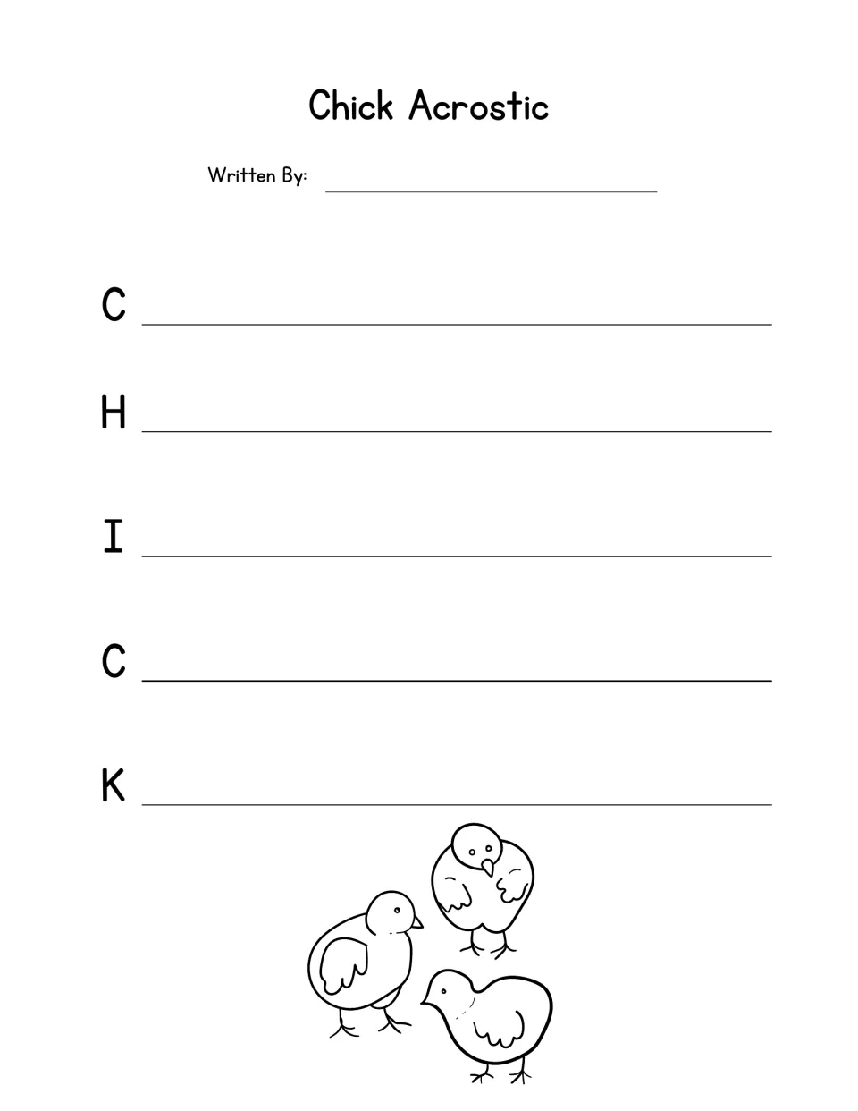 Chick acrostic poem: students pick adjectives for each letter of C-H-I-C-K, with three baby chick drawings below