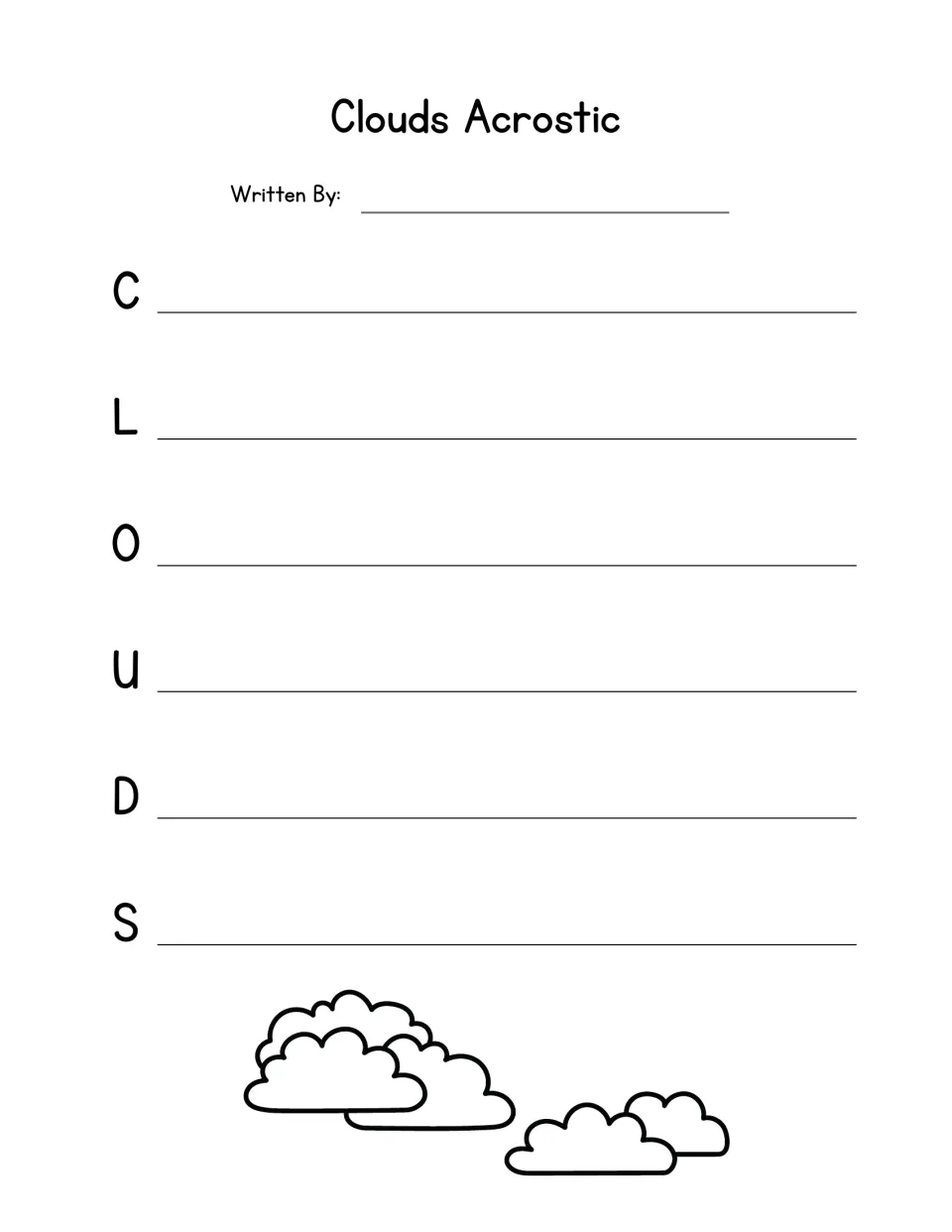 Clouds acrostic: students brainstorm sky and weather words for each letter C-L-O-U-D-S, with puffy cloud drawings