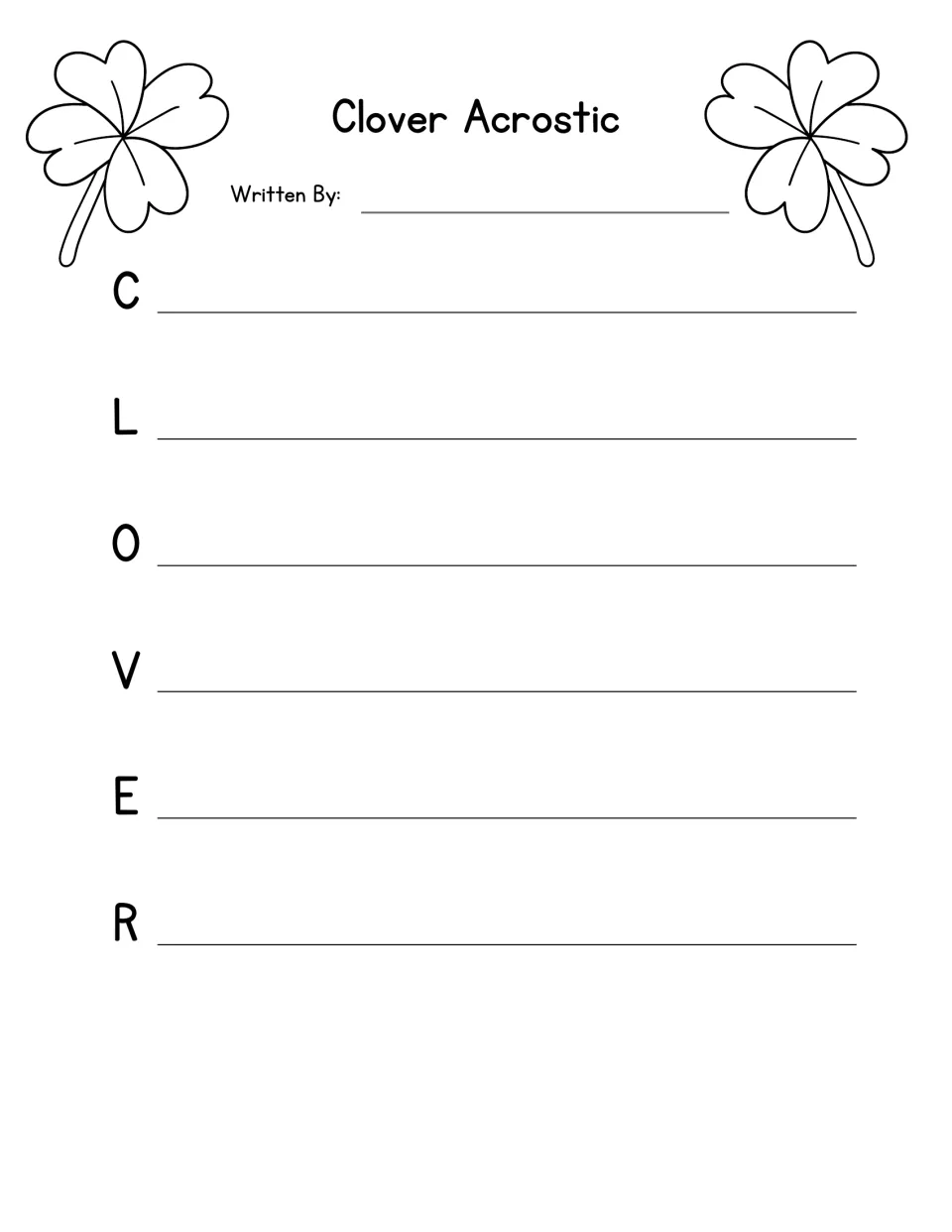 Clover acrostic poem: students write a word or phrase for each letter of C-L-O-V-E-R, with four-leaf clover art