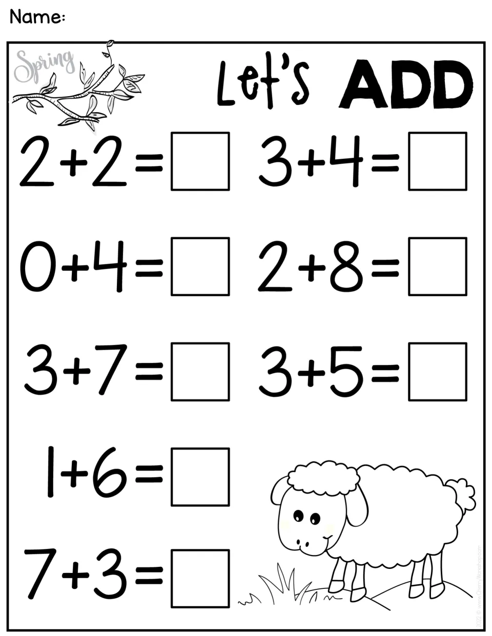 Addition practice sheet 2 of 5: eight facts within 10, including 2 + 2, 3 + 4, 0 + 4, and 2 + 8.