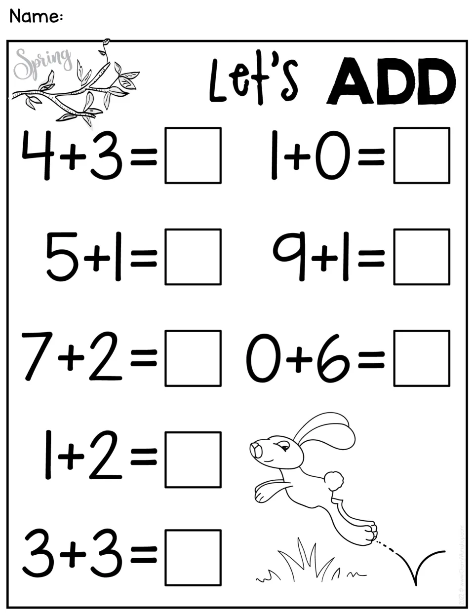 Addition practice sheet 3 of 5: eight facts within 10, including 4 + 3, 1 + 0, 5 + 1, and 9 + 1.