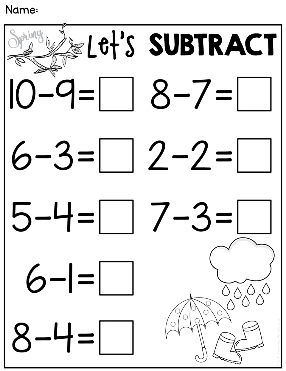Subtraction practice sheet 1 of 5: eight facts within 10, including 10 − 9, 8 − 7, 6 − 3, and 2 − 2.