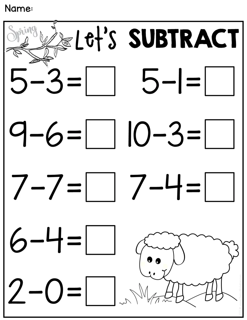 Subtraction practice sheet 2 of 5: eight facts within 10, including 5 − 3, 10 − 3, 7 − 7, and 2 − 0.