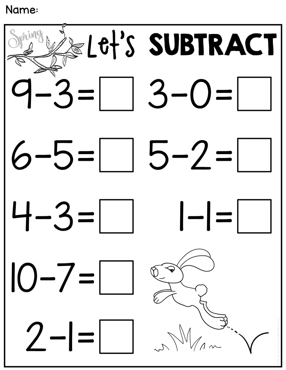 Subtraction practice sheet 3 of 5: eight facts within 10, including 9 − 3, 3 − 0, 1 − 1, and 10 − 7.