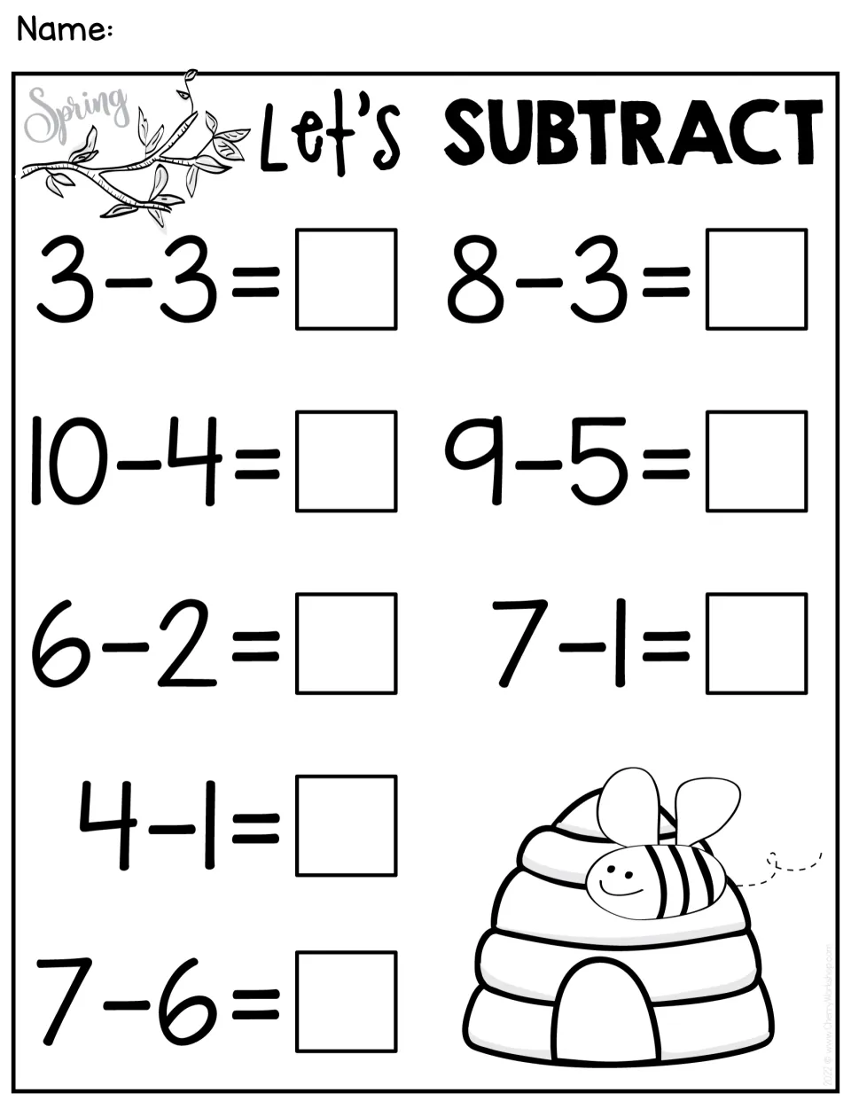Subtraction practice sheet 4 of 5: eight facts within 10, including 3 − 3, 8 − 3, 10 − 4, and 9 − 5.