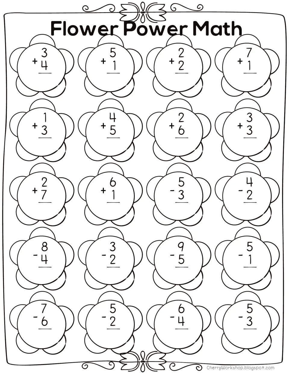 Flower Power Math: students solve 10 addition and 10 subtraction facts within 10, each written in a flower