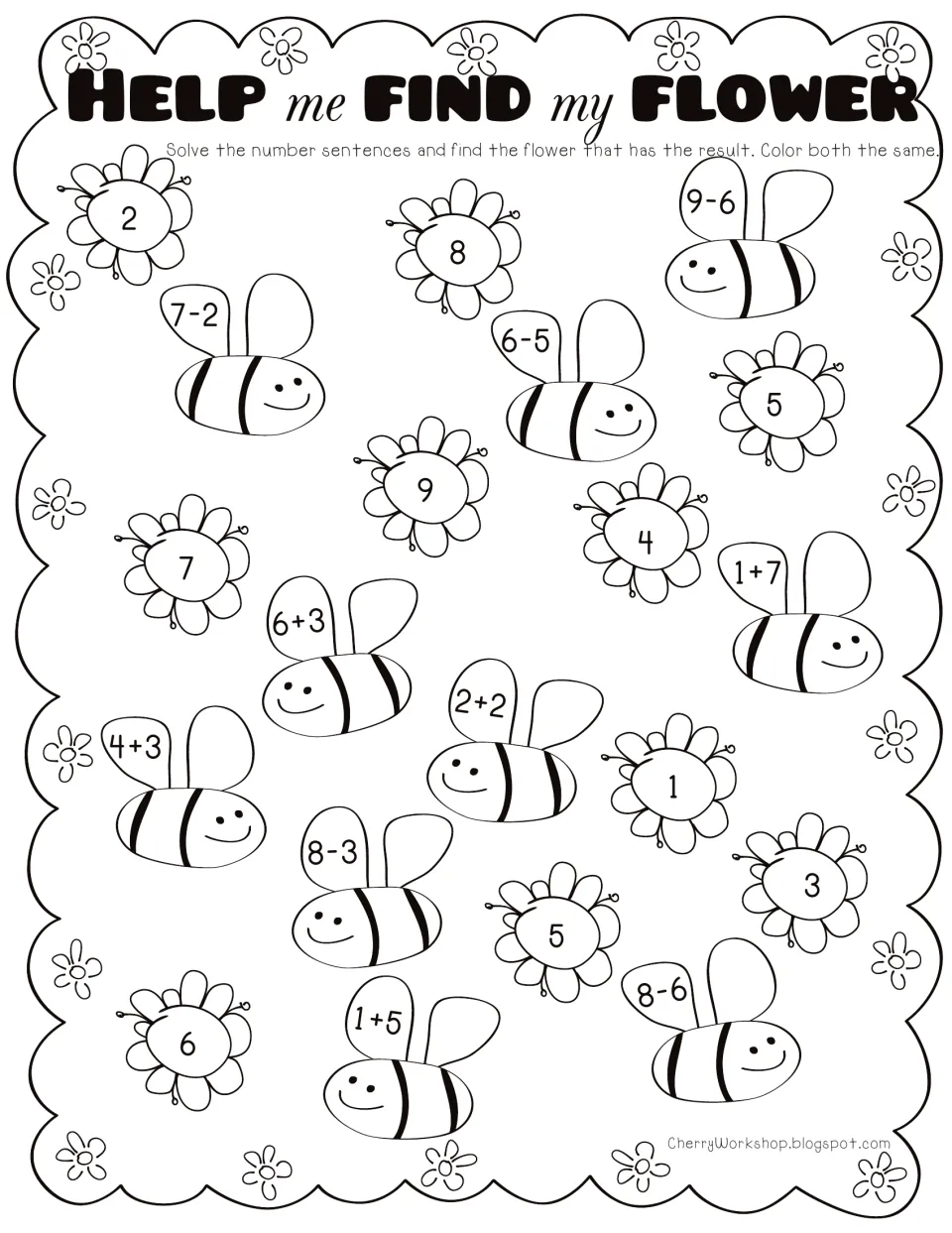 Help Me Find My Flower: students solve addition and subtraction within 9 on 10 bees, then color each bee and its flower
