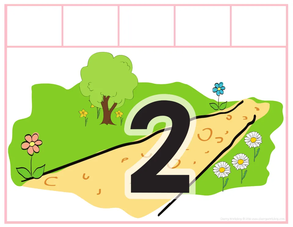 Sorting mat 2 of 10, labeled 2, for matching spring addition and subtraction cards to the number shown.