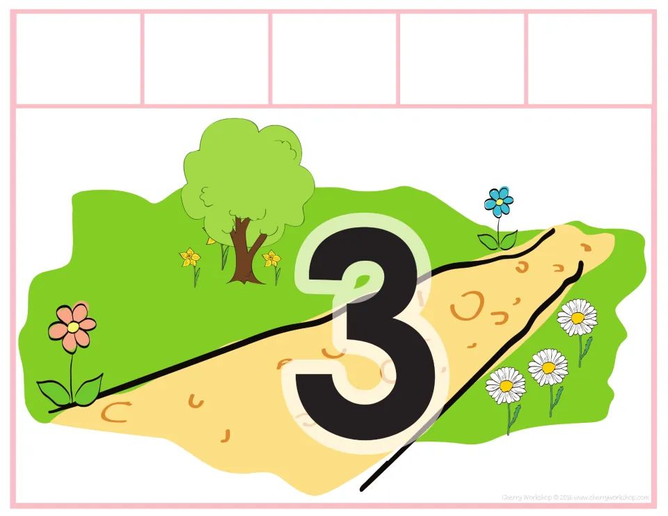 Sorting mat 3 of 10, labeled 3, for matching spring addition and subtraction cards to the number shown.