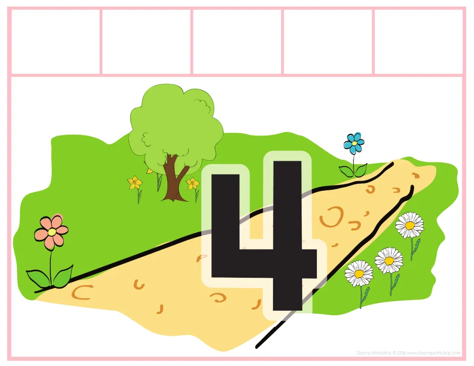 Sorting mat 4 of 10, labeled 4, for matching spring addition and subtraction cards to the number shown.