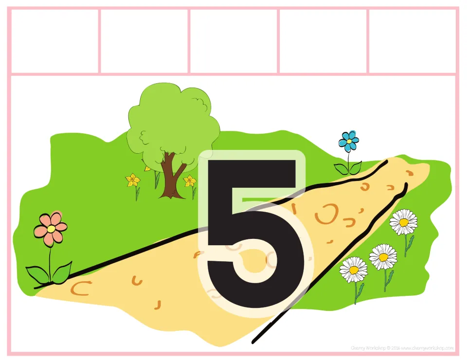 Sorting mat 5 of 10, labeled 5, for matching spring addition and subtraction cards to the number shown.