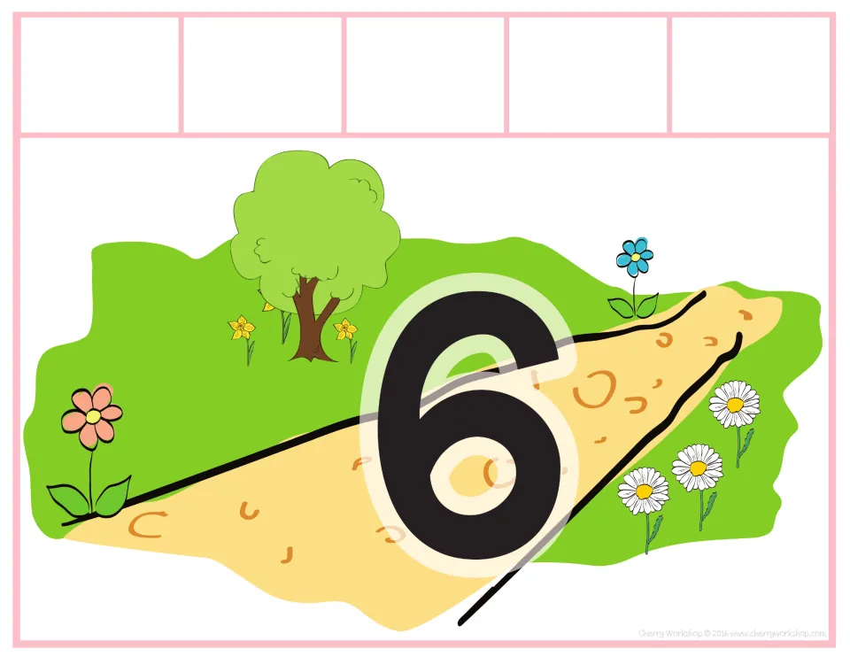 Sorting mat 6 of 10, labeled 6, for matching spring addition and subtraction cards to the number shown.