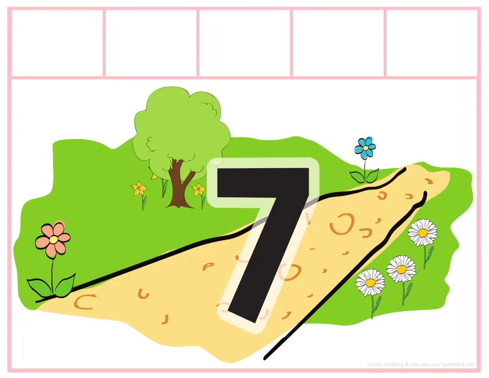 Sorting mat 7 of 10, labeled 7, for matching spring addition and subtraction cards to the number shown.