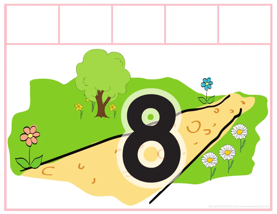 Sorting mat 8 of 10, labeled 8, for matching spring addition and subtraction cards to the number shown.