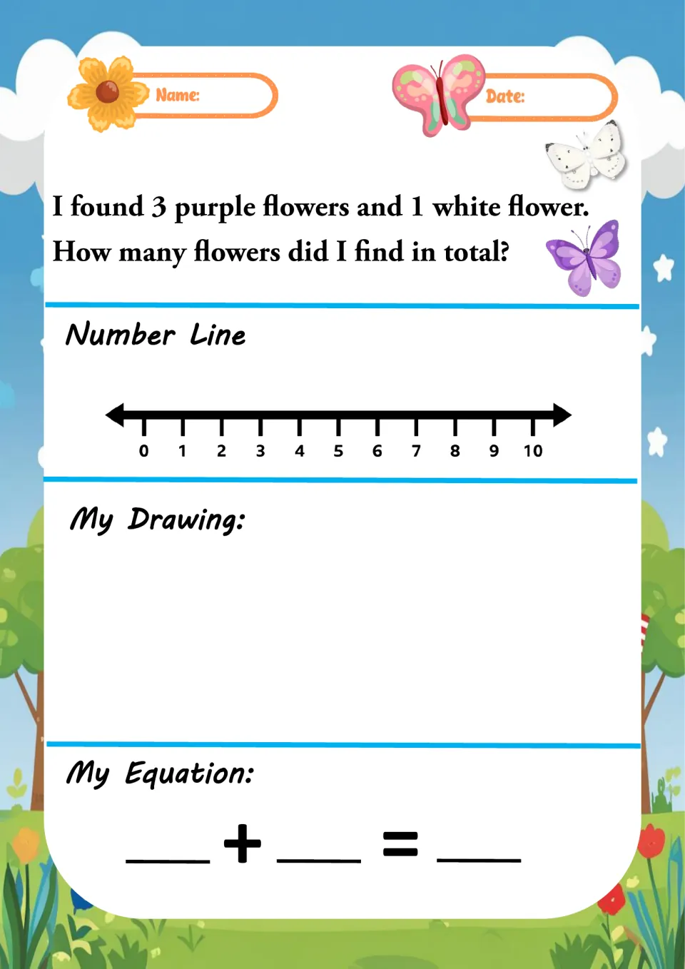 Flower word problem: 3 purple flowers and 1 white flower; children count on the number line, sketch and fill in the sum
