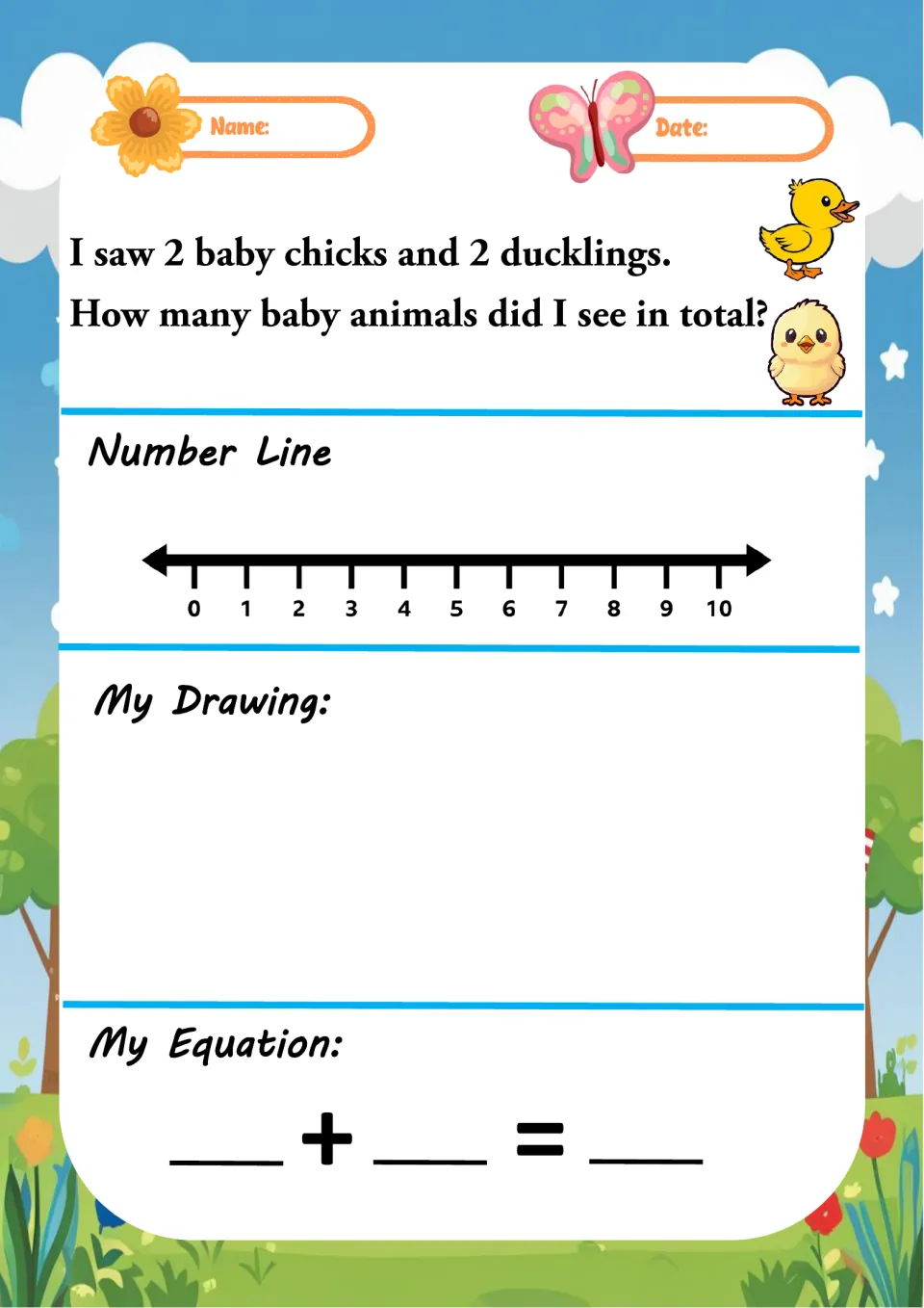 Baby animals addition: 2 chicks and 2 ducklings; students hop the number line, draw the animals and complete the equation