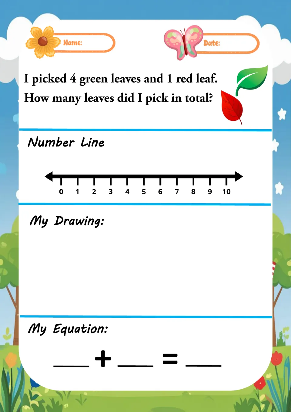 Leaf story problem: 4 green leaves and 1 red leaf; learners add one more on the number line, a drawing and a number sentence