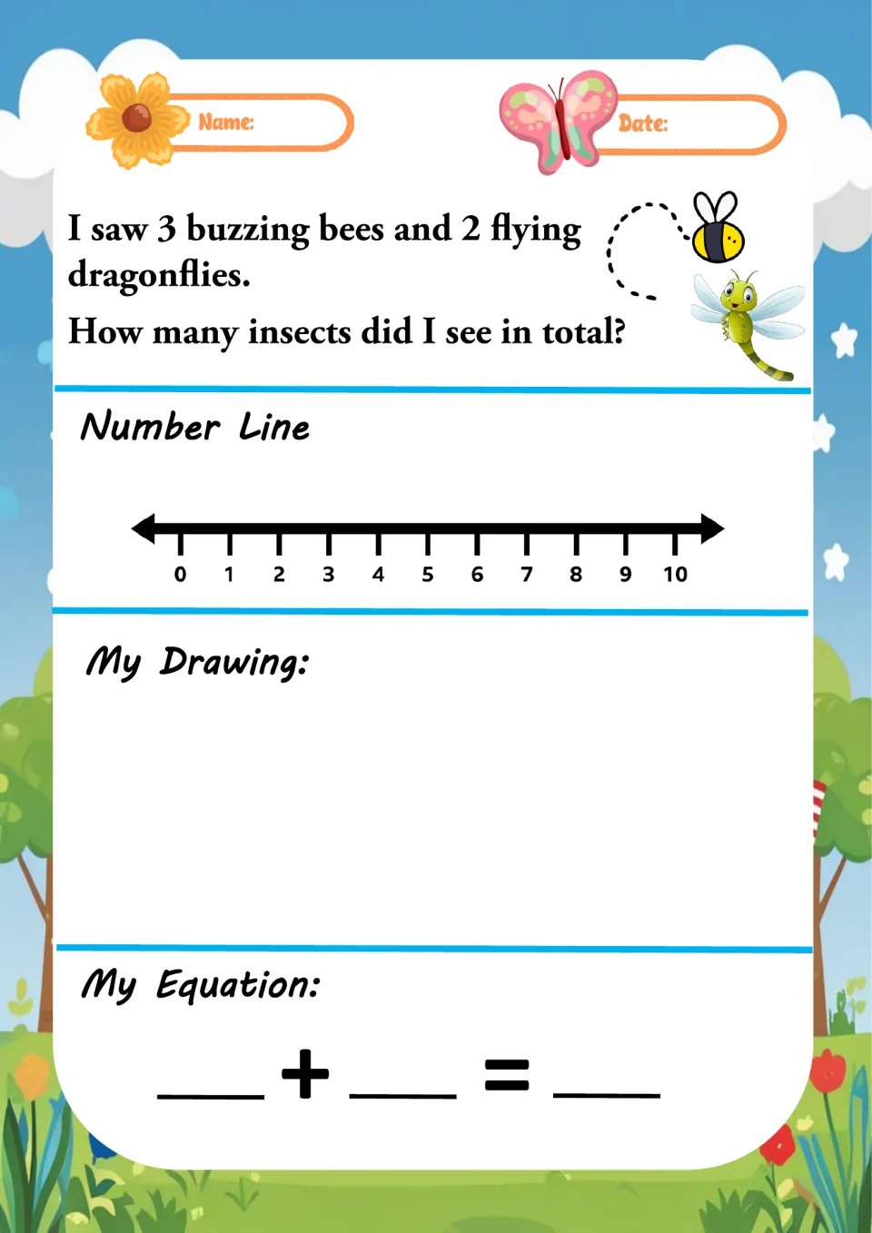 Insect addition: 3 buzzing bees and 2 dragonflies; students total the insects with a number line, picture and equation