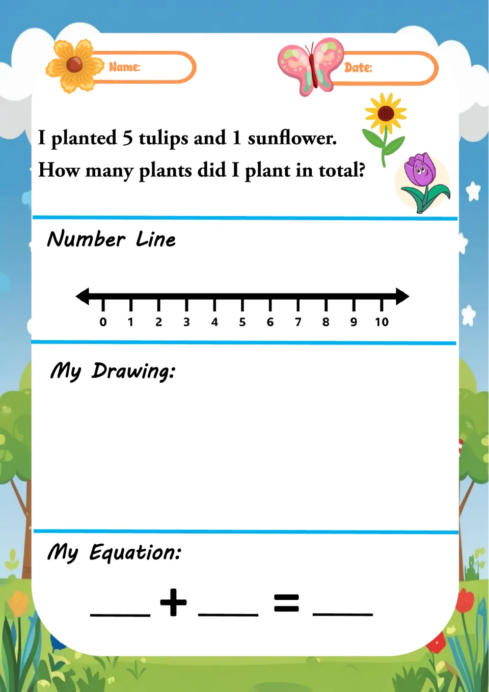 Planting word problem: 5 tulips and 1 sunflower; children add the plants on a number line, then draw and write the sum