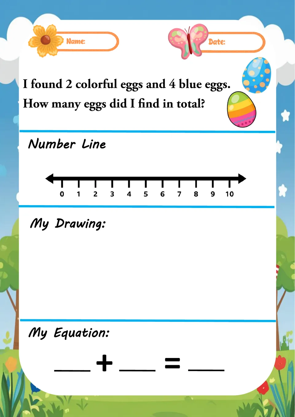Egg hunt addition: 2 colorful eggs and 4 blue eggs; students jump on the number line, draw the eggs and write the equation