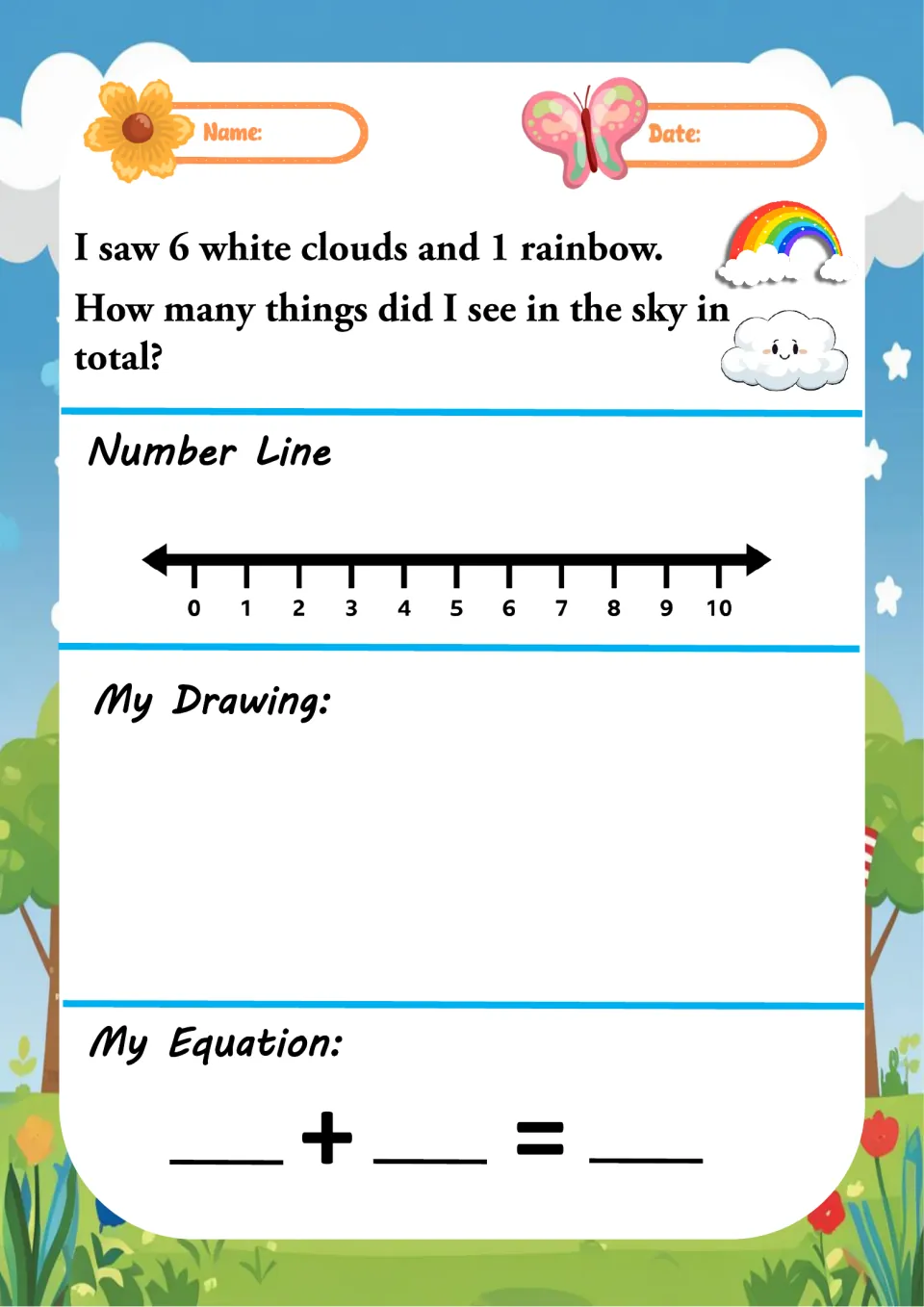 Sky story problem: 6 white clouds and 1 rainbow; students count sky objects on a number line, a sketch and an equation