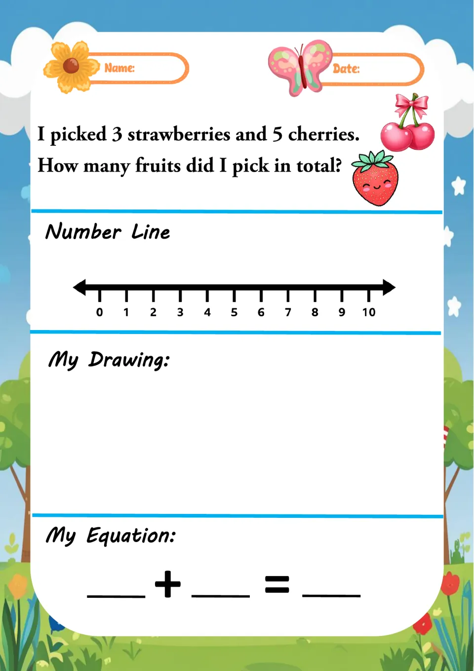 Fruit addition: 3 strawberries and 5 cherries; learners find the total fruit on a 0-10 number line, then draw and write it