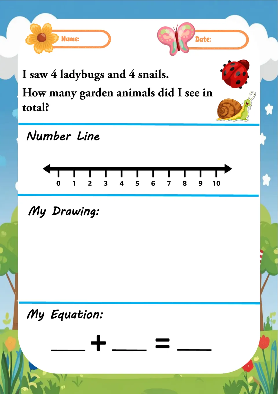 Garden animals problem: 4 ladybugs and 4 snails; students solve the doubles sum on a number line, a drawing and an equation