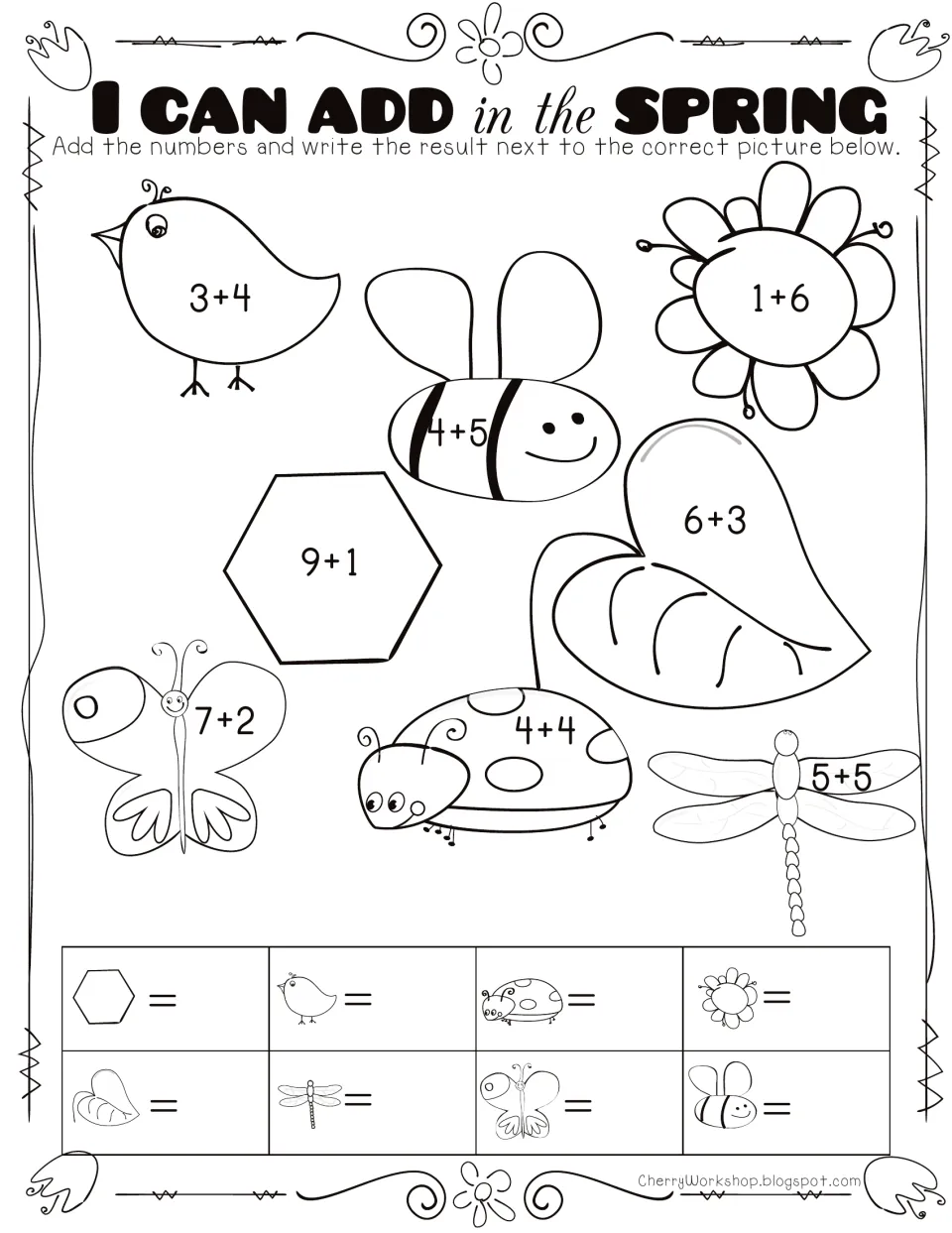 I Can Add in the Spring: students solve 8 sums to 10 on a bird, bee, ladybug and more, writing each result by its picture